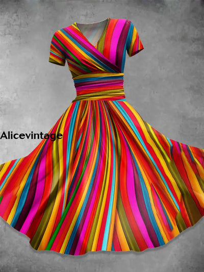 Rainbow Stripe Print V-Neck Short Sleeve Vintage Midi Dress Multicolor / S