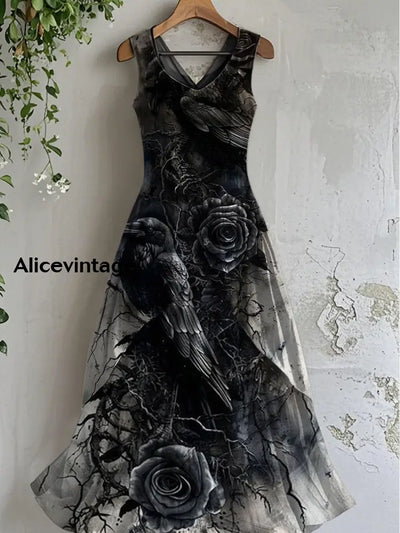 Raven Art Print V-neck Vintage Sleeveless Dress A / S