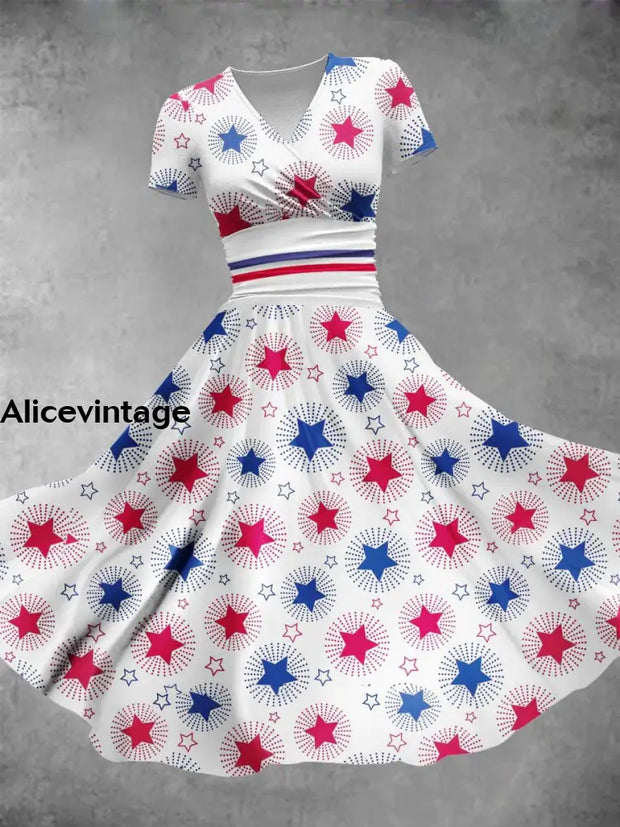 Red And Blue Stars Printed Elegant Vintage Chic Short Sleeve Midi Dress A / S