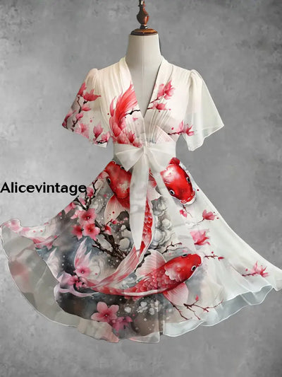 Red Fish Floral Art Print V-Neck Elegant Chic Short Sleeve Flowy Midi Dress A / S