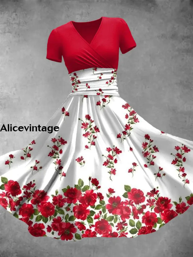 Red Floral Art Print V-Neck Short Sleeve Vintage Midi Dress A / S