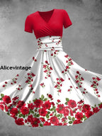 Red Floral Art Print V-Neck Short Sleeve Vintage Midi Dress A / S