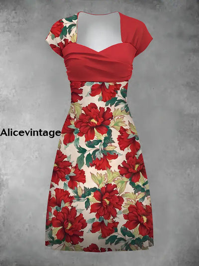 Red Floral Print Short Sleeve Retro Midi Dress