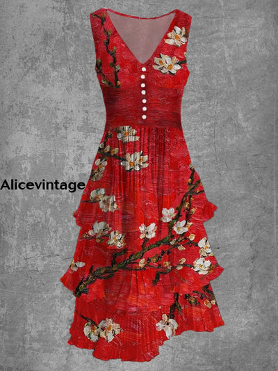 Red Floral Print Sleeveless V-Neck Button Up Retro Midi Dress A / S