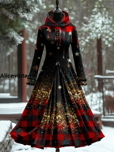 Red Plaid Art Print Vintage Elegant Long Sleeve Maxi Dress Fake Two Piece A / S