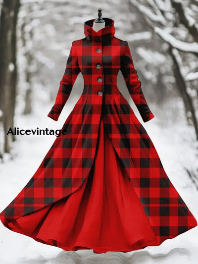 Red Plaid Art Print Vintage Elegant Long Sleeve Maxi Dress Fake Two Piece Hooded A / S