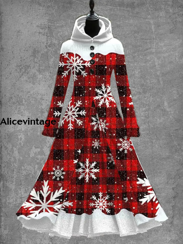 Red Plaid Christmas Art Print Vintage Elegant Long Sleeve Maxi Dress