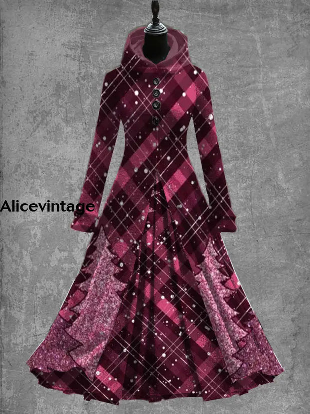 Red Plaid Christmas Art Print Vintage Elegant Long Sleeve Maxi Dress