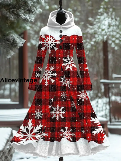 Red Plaid Christmas Art Print Vintage Elegant Long Sleeve Maxi Dress A / S