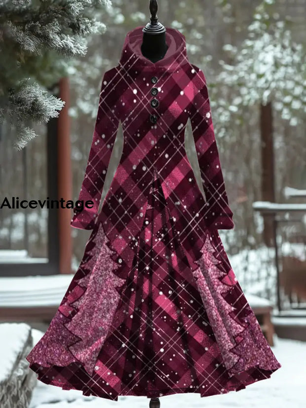 Red Plaid Christmas Art Print Vintage Elegant Long Sleeve Maxi Dress A / S