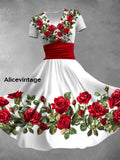 Red Rose Art Printed Vintage V-Neck Pleated Waist Short Sleeve Midi Dress A / S