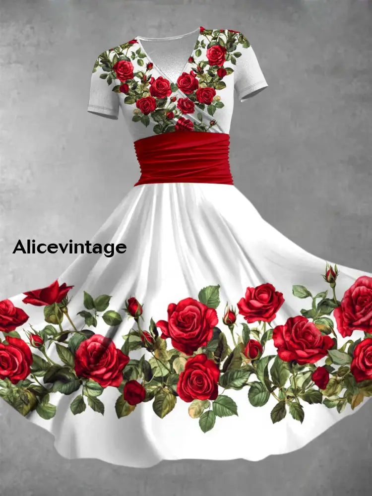 Red Rose Art Printed Vintage V-Neck Pleated Waist Short Sleeve Midi Dress A / S