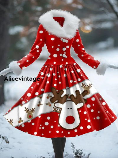 Reindeer Art Print Vintage Elegant Fur Collar Long Sleeve Midi Dress A / S