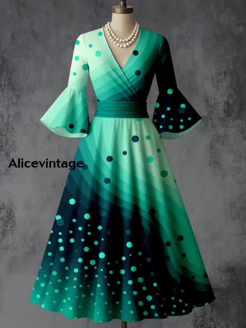 Retro Abstract Art Printed V-Neck Vintage Chic Pleated Waist Flare Sleeve Midi Dress A / S