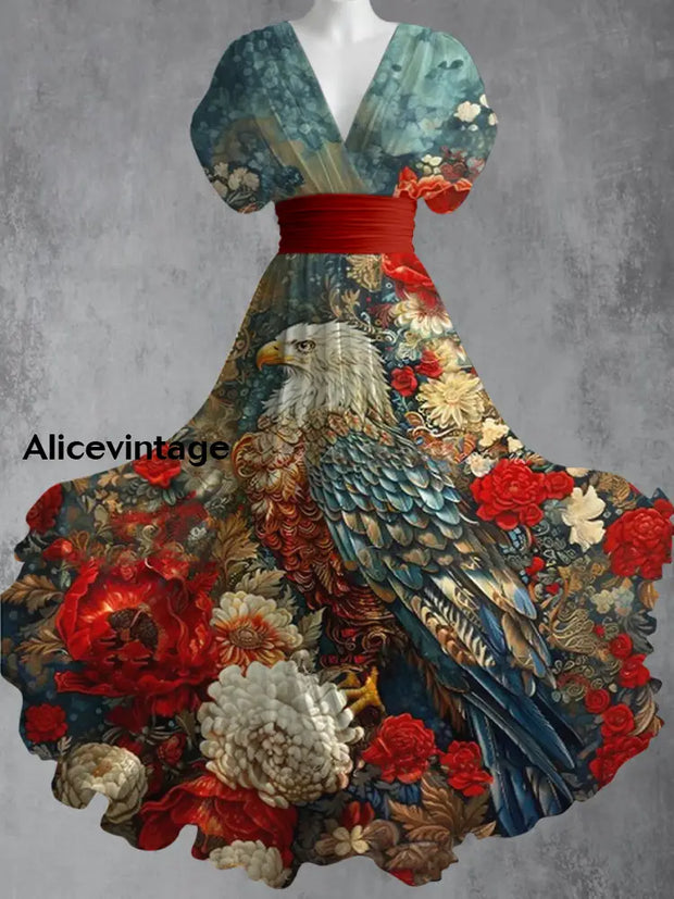 Retro American Eagle Floral Art Printed Elegant V-Neck Vintage Short Sleeve Maxi Dress A / S