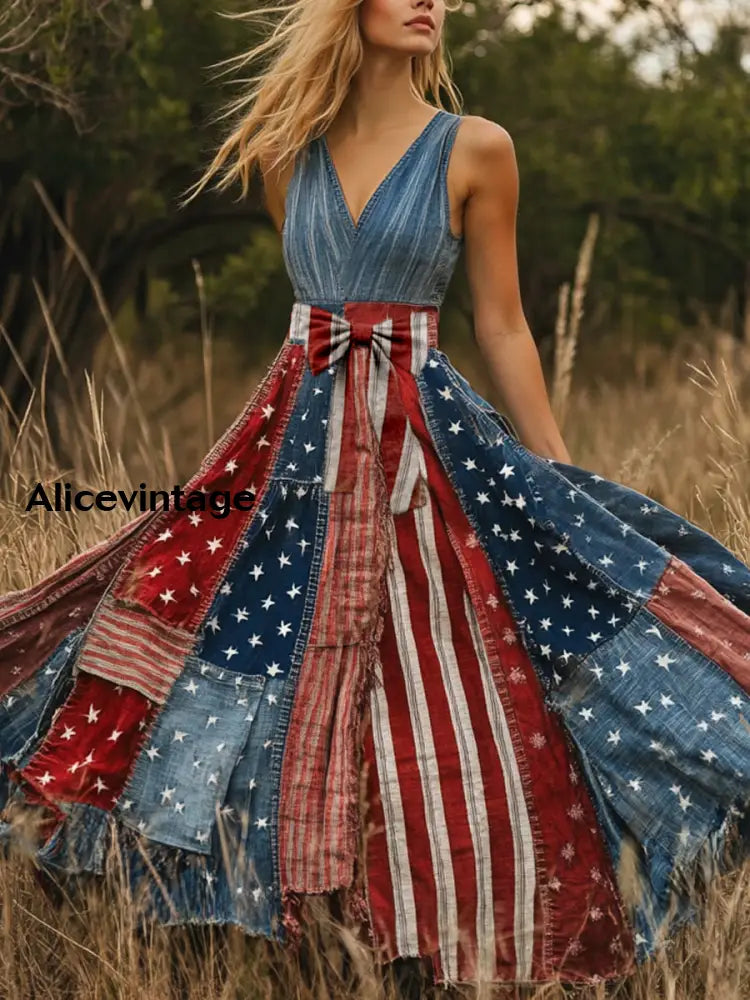 Retro American Flag Applique Floral Art Print V-Neck Sleeveless Cotton Maxi Dress A / S