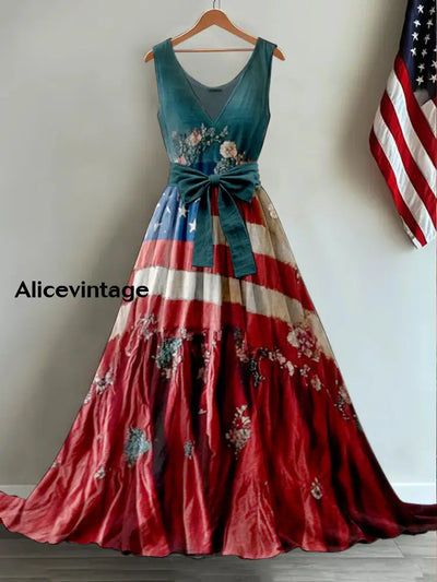 Retro American Flag Applique Floral Art Print V-Neck Sleeveless Cotton Maxi Dress A / S