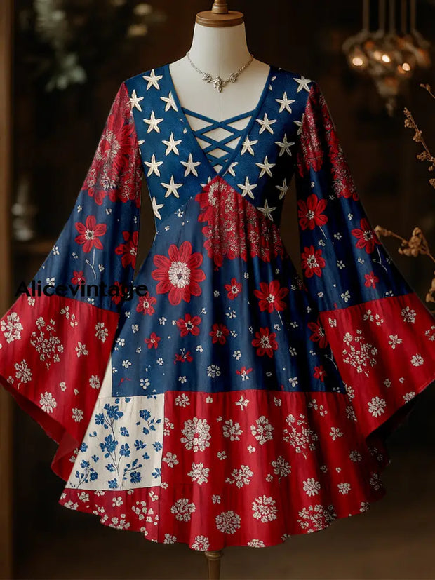 Retro American Flag Applique Floral Art Printed Vintage Elegant Hollow Cut V-Neck Flared Long Sleeve Mid-Long Top A / XS