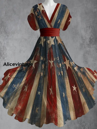 Retro American Flag Art Printed Elegant V-Neck Vintage Short Sleeve Maxi Dress A / S
