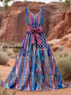 Retro American Flag Boho Floral Art Print V-Neck Sleeveless Cotton Maxi Dress A / S