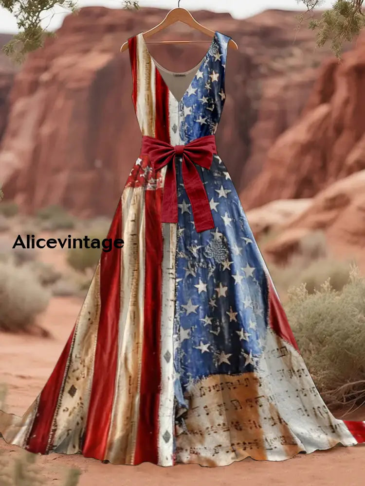 Retro American Flag Boho Floral Art Print V-Neck Sleeveless Cotton Maxi Dress A / S