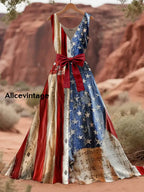 Retro American Flag Boho Floral Art Print V-Neck Sleeveless Cotton Maxi Dress A / S