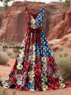 Retro American Flag Boho Floral Art Print V-Neck Sleeveless Cotton Maxi Dress A / S