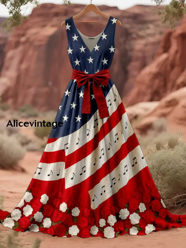 Retro American Flag Boho Floral Art Print V-Neck Sleeveless Cotton Maxi Dress A / S