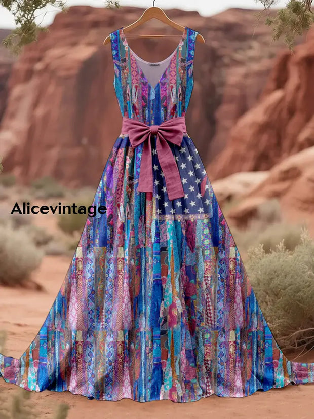 Retro American Flag Boho Floral Art Print V-Neck Sleeveless Cotton Maxi Dress A / S