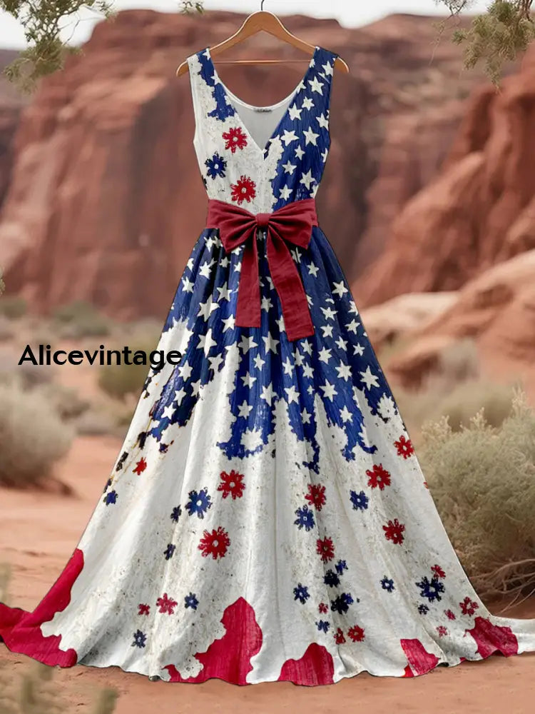 Retro American Flag Boho Floral Art Print V-Neck Sleeveless Cotton Maxi Dress A / S