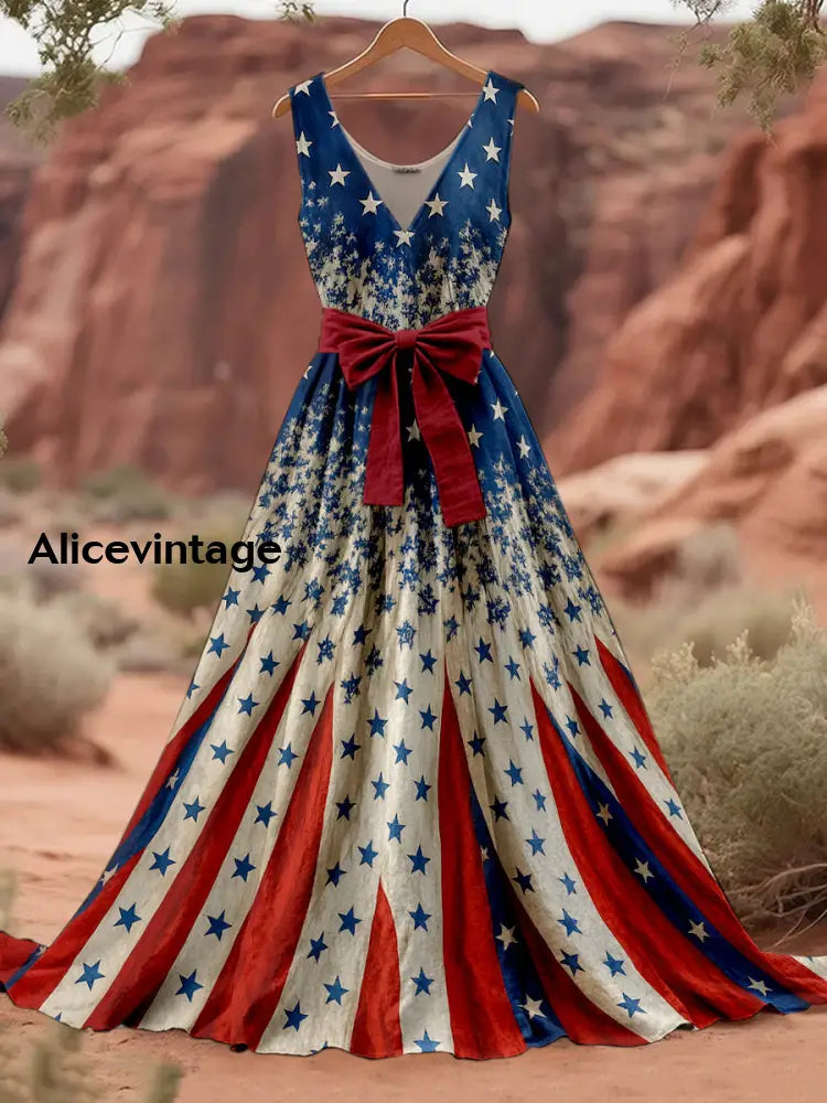 Retro American Flag Boho Floral Art Print V-Neck Sleeveless Cotton Maxi Dress A / S