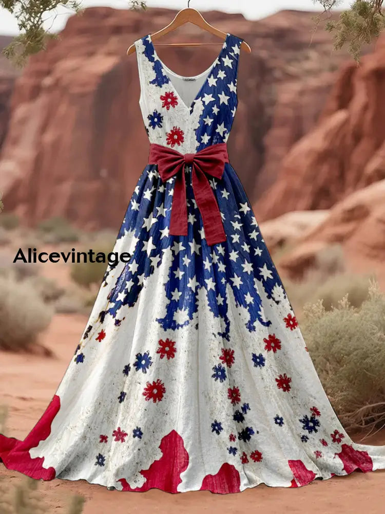 Retro American Flag Boho Floral Art Print V-Neck Sleeveless Cotton Maxi Dress A / S