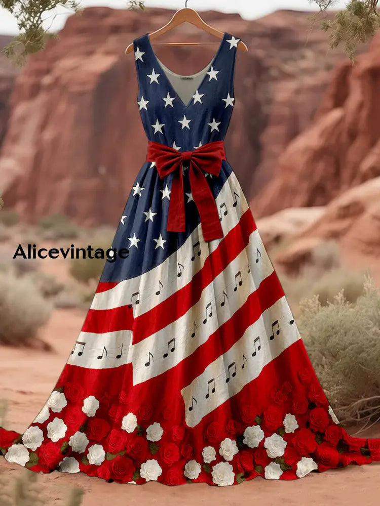 Retro American Flag Boho Floral Art Print V-Neck Sleeveless Cotton Maxi Dress A / S