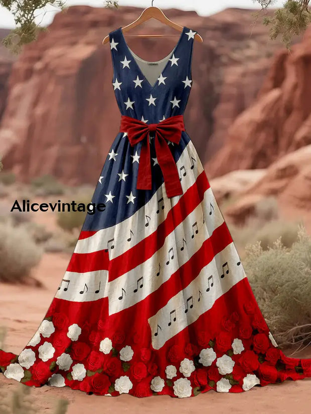 Retro American Flag Boho Floral Art Print V-Neck Sleeveless Cotton Maxi Dress A / S