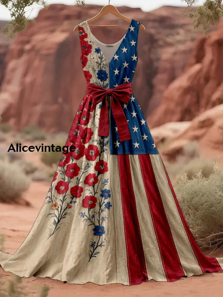 Retro American Flag Boho Floral Art Print V-Neck Sleeveless Cotton Maxi Dress A / S
