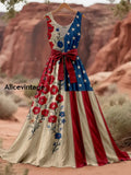 Retro American Flag Boho Floral Art Print V-Neck Sleeveless Cotton Maxi Dress A / S