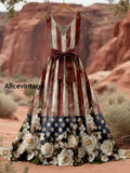 Retro American Flag Boho Floral Art Print V-Neck Sleeveless Cotton Maxi Dress A / S