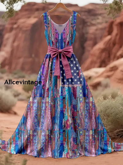 Retro American Flag Boho Floral Art Print V-Neck Sleeveless Cotton Maxi Dress A / S