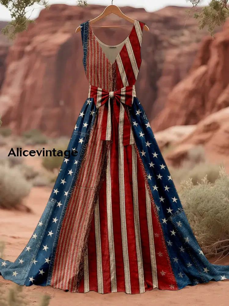 Retro American Flag Boho Floral Art Print V-Neck Sleeveless Cotton Maxi Dress A / S