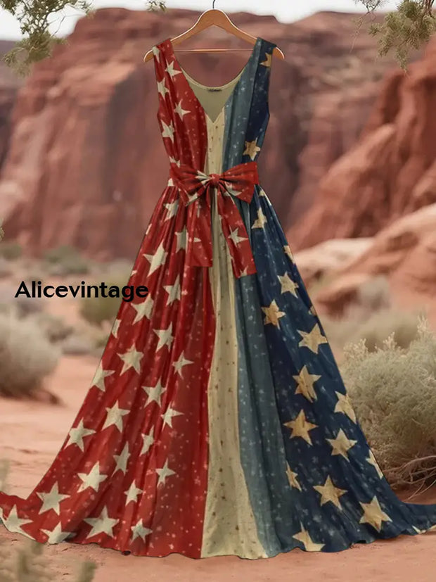 Retro American Flag Boho Floral Art Print V-Neck Sleeveless Cotton Maxi Dress A / S