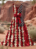 Retro American Flag Boho Floral Art Print V-Neck Sleeveless Cotton Maxi Dress A / S