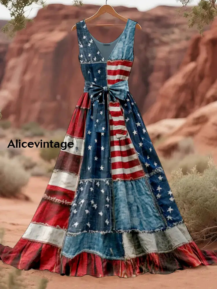 Retro American Flag Boho Floral Art Print V-Neck Sleeveless Cotton Maxi Dress A / S