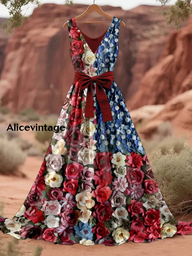 Retro American Flag Boho Floral Art Print V-Neck Sleeveless Cotton Maxi Dress A / S