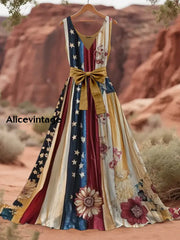 Retro American Flag Boho Floral Art Print V-Neck Sleeveless Cotton Maxi Dress A / S