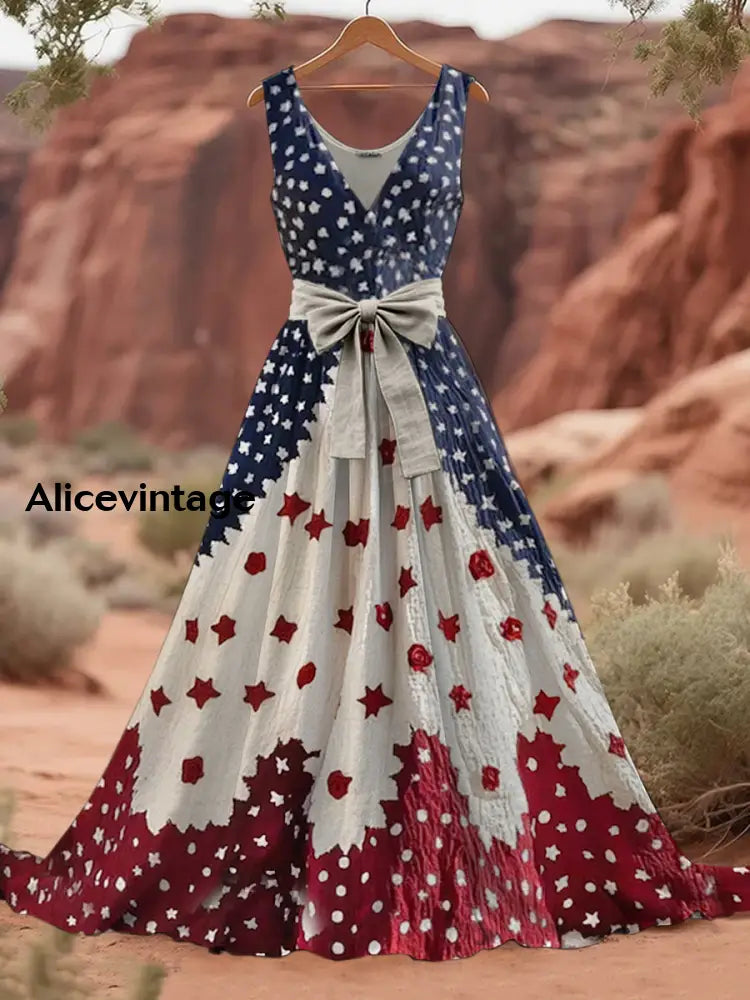 Retro American Flag Boho Floral Art Print V-Neck Sleeveless Cotton Maxi Dress A / S