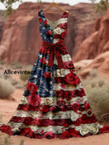 Retro American Flag Boho Floral Art Print V-Neck Sleeveless Cotton Maxi Dress A / S
