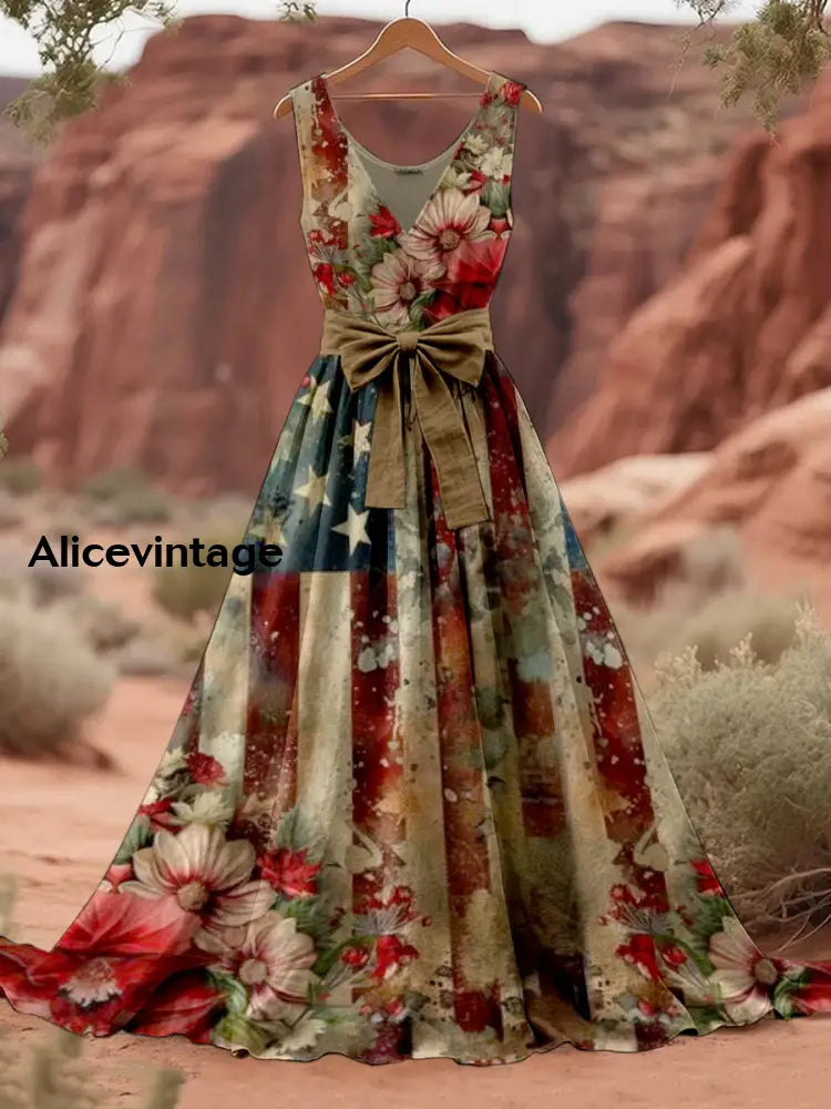 Retro American Flag Boho Floral Art Print V-Neck Sleeveless Cotton Maxi Dress A / S