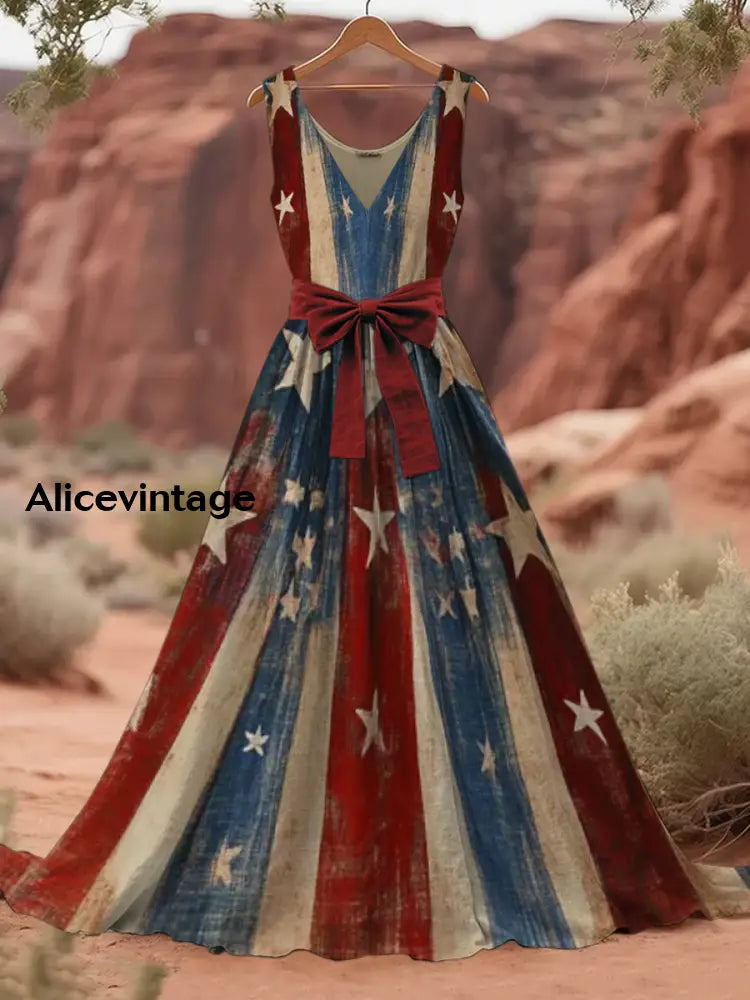 Retro American Flag Boho Floral Art Print V-Neck Sleeveless Cotton Maxi Dress A / S