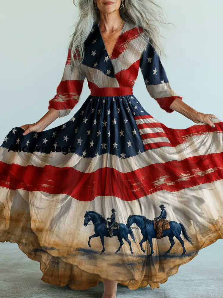 Retro American Flag Boho Floral Art Printed Vintage V-Neck Long Sleeves Midi Dress A / S