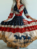 Retro American Flag Boho Floral Art Printed Vintage V-Neck Long Sleeves Midi Dress A / S